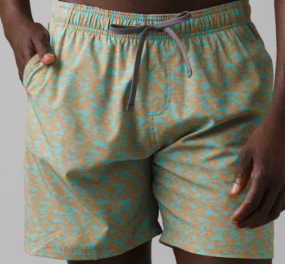 PRANA Men's Plunge Swim Shorts XXL Blue Tan Aqua Current 6" Inseam NWT